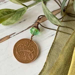 Irish Coin Pendant Necklace, Celtic Bird Jewelry, St. Patrick's Day Gift, Ireland 2 Pingin, Emerald, 2 Pence
