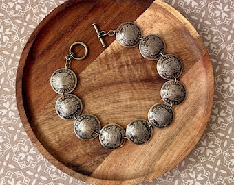 Pulsera de peseta española, joyería de bronce, escudo de armas español