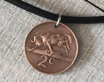 Vintage South African Coin Leather Pendant, Men's Leather Choker Necklace, Taurus Bull, Men's Accessories