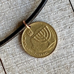 Israel Coin Leather Pendant, Choker Necklace, Jewish 10 Agorot, Menorah, Bar Mitzvah Gift, Faith Jewelry, Men&#39;s Accessories