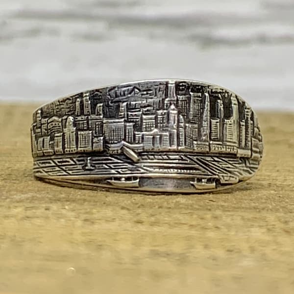 Vintage Chicago Skyline Spoon Ring,  925 Sterling Silver, Upcycled Hand Forged Silver Jewelry, Large Statement Ring