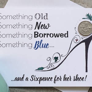 Sixpence Karte mit Münze, Hochzeit Tradition, Lucky Sixpence Geschenk für die Braut, etwas Altes, Neues, Geborgtes, Blaues für ihren Schuh