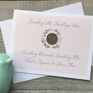 Sixpence bruilofttraditiekaart met munt, gelukscadeau zilveren Sixpence bruid, iets oud, nieuw, geleend, blauw, in haar schoen