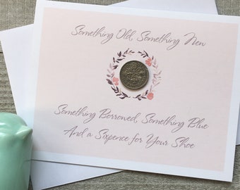 Sixpence Wedding Tradition Card with Coin, Lucky Silver Sixpence Bride Gift, something Old, New, Borrowed, Blue, In Her Shoe