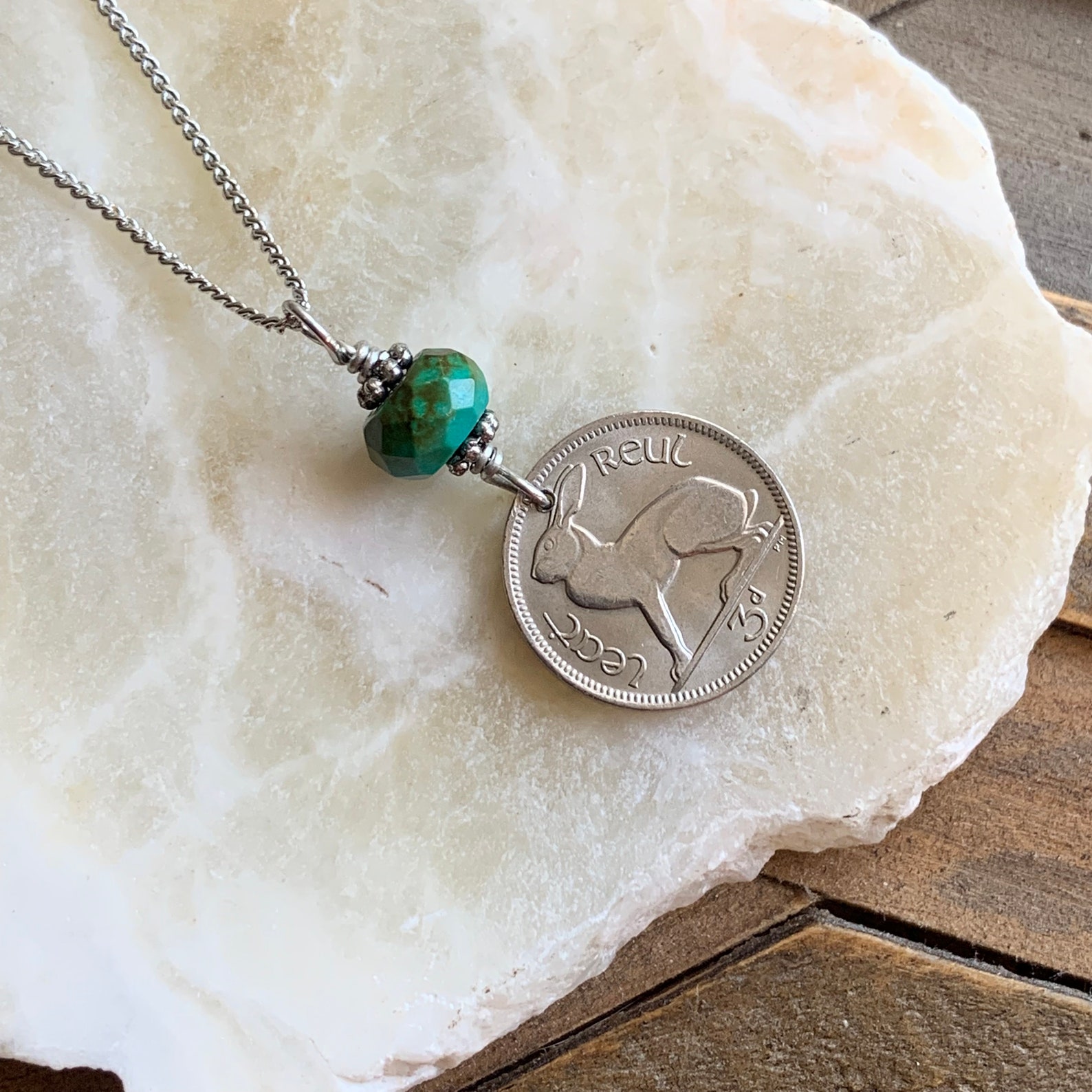 Irish Three Pence Rabbit Coin Necklace, Turquoise Accent, Celtic ...