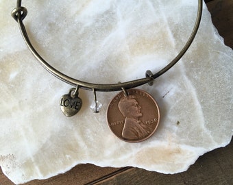 Bracelet jonc penny blé personnalisé, bijoux avec pierre de naissance, année au choix