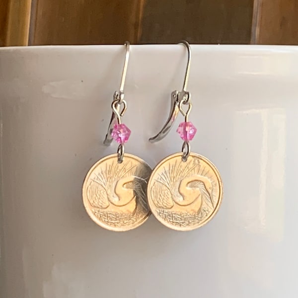 Singapore Oriental Darter Bird Coin Earrings, Silver Dangle Disc Earrings, Pink Bead, Bird Lover, Travel Souvenir Jewelry, 5 Cent Coin