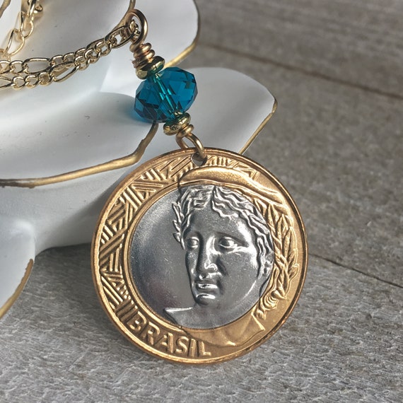 Brasil Coin Pendant, 1 Real Coin Necklace, Gold Silver Jewelry, 2013  Anniversary, Brazillian Coin Necklace, Gift for Her 