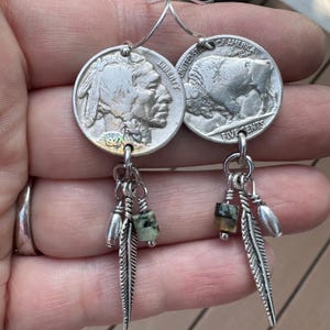 Buffalo Nickel Earring Turquoise Feather Dangle Jewelry Southwestern Boho Coin Gift Native American Style Vintage Tribal Statement Western