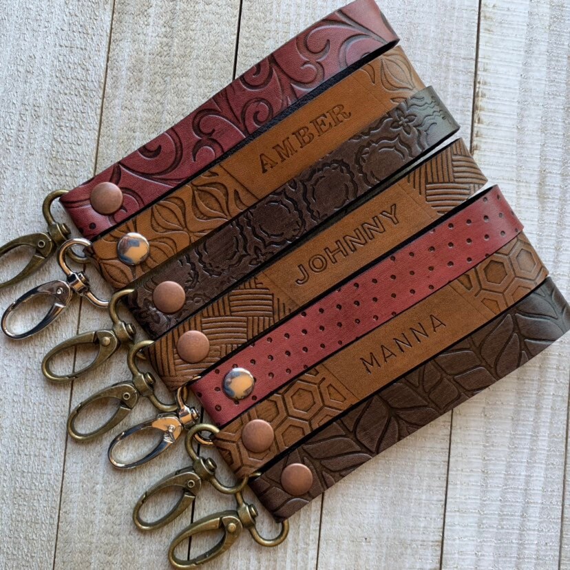 Personalized Leather Keychain, Custom Hand-Stamped Wristlet, Keychain…