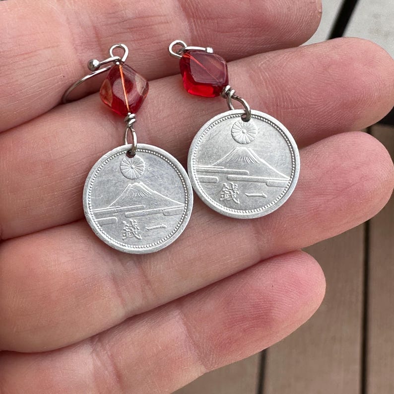 Japanese 1 Sen Coin Dangle Earrings Mt. Fuji Red Bead image 9