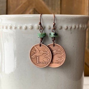 Hummingbird Coin Turquoise Earrings, Trinidad and Tobago, Bronze Coin, Natural Stone Beads, Gift for Her