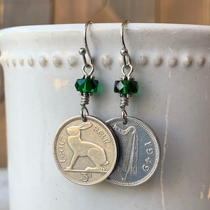 Irish Coin Earrings Rabbit Charm Dangle Gift Ireland Jewelry Celtic Harp Eire Authentic Vintage Boho Threepence Commemorative Pingin