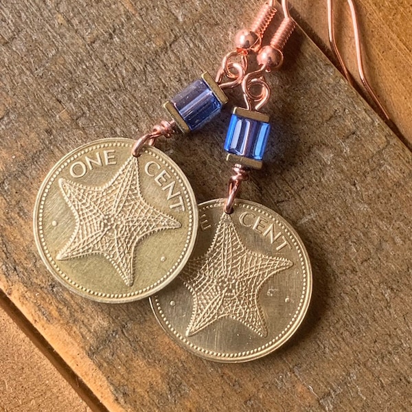 Boho Bahamas Starfish Coin Earrings, Beach Theme Jewelry, Copper Earrings, Caribbean Souvenir