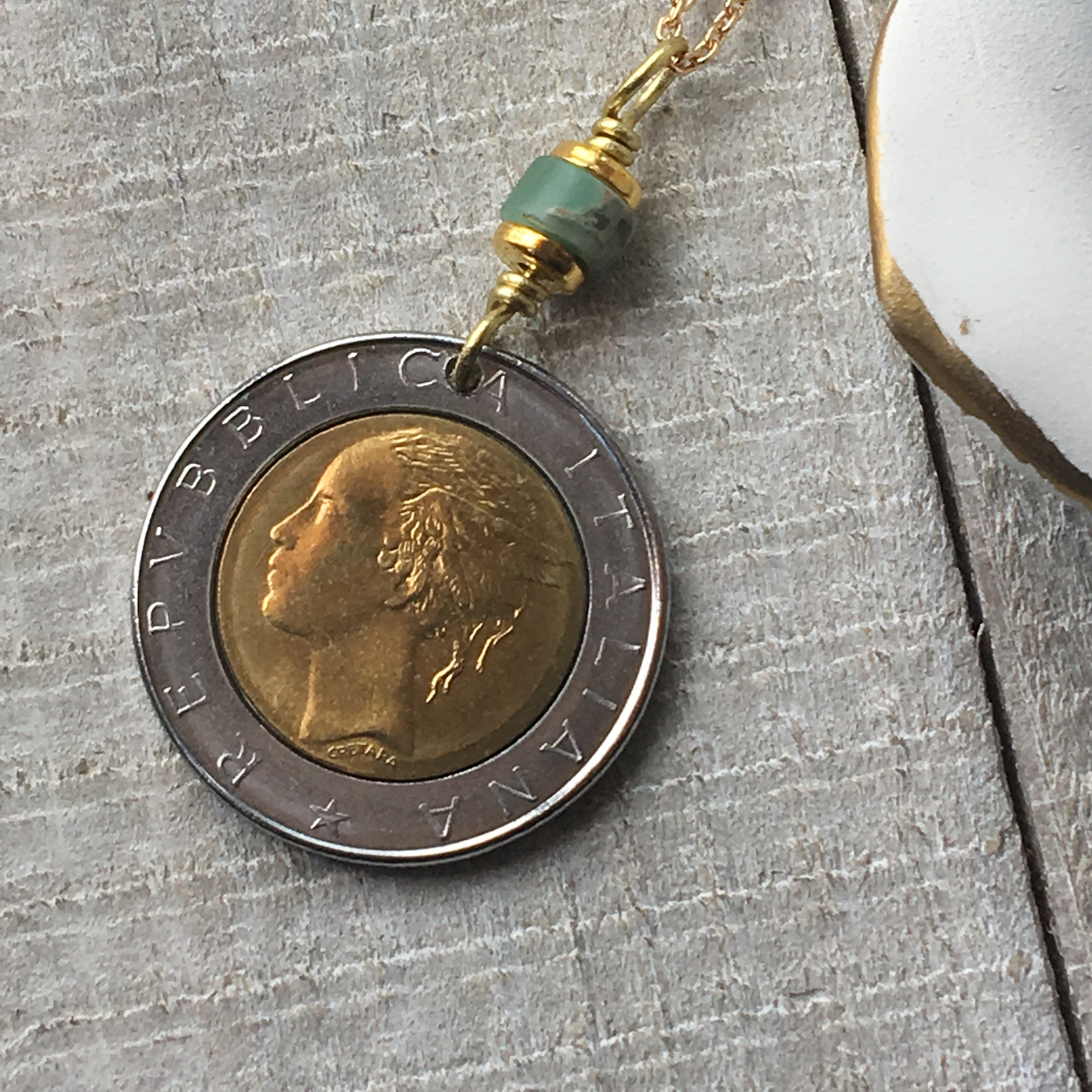 Italian Lira Coin Necklace Birthday Gift Italy Souvenir Gold and Silver Jewelry Piazza del Quirinale Rome
