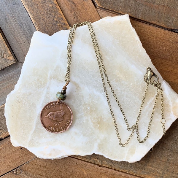 Vintage Farthing Wren Coin Necklace, 70th, 75th, 80th Birthday, Copper Jewelry, Bird Lover, African Turquoise