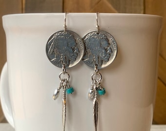 Buffalo Nickel Earrings, Turquoise Feather Dangle, Southwestern Boho Jewelry