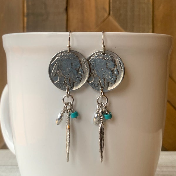 Buffalo Nickel Earrings, Statement Coin Earrings, Turquoise, Dangle Feather, Native American, Boho Jewelry, Southwestern Style