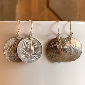 Vintage Mexican Coin Earrings, Mexico Souvenir, Coin Jewelry, Dangle Earrings, Corn