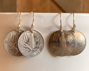 Vintage Mexican Coin Earrings, Mexico Souvenir, Coin Jewelry, Dangle Earrings, Corn