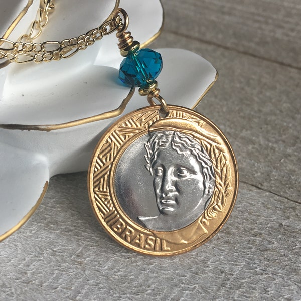 Brasil Coin Pendant, 1 Real Coin Necklace, Gold Silver Jewelry, 2013 Anniversary, Brazillian Coin Necklace, Gift for Her