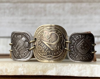 Vintage Square Coin Bracelet, Upcycled Boho Jewelry