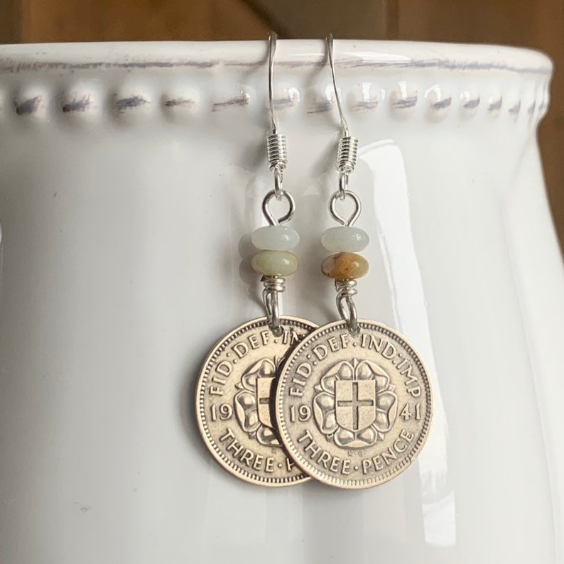 Silver Three Pence Coin Earrings Amazonite Beads British 3 Pence Coin Vintage Jewelry United Kingdom