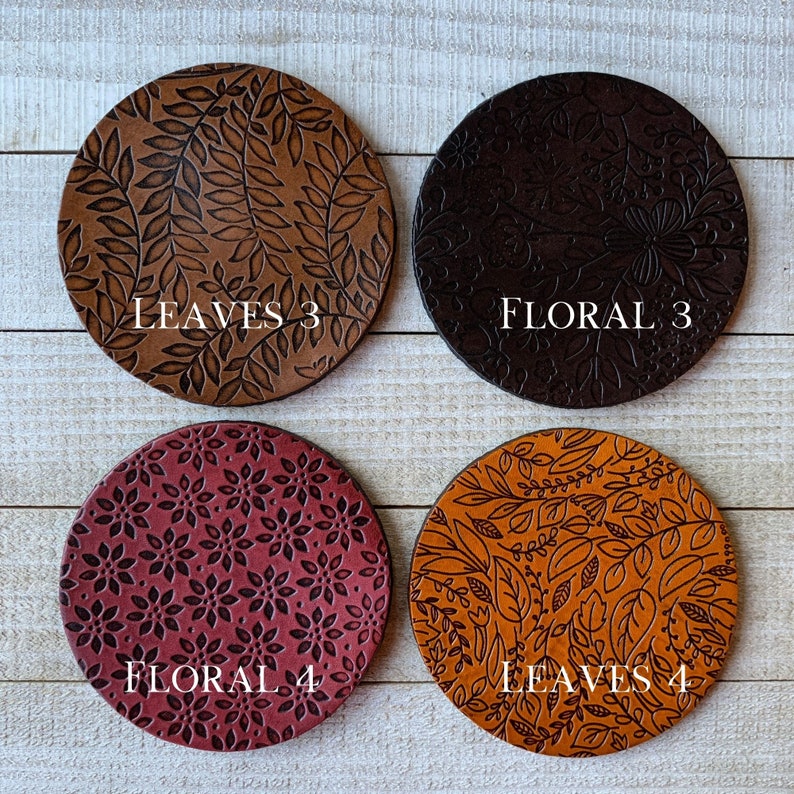 Botanical Leather Coasters, Leaf Floral Patterns, Wedding Gift, Custom Drink Coasters, Housewarming, Mix & Match image 3