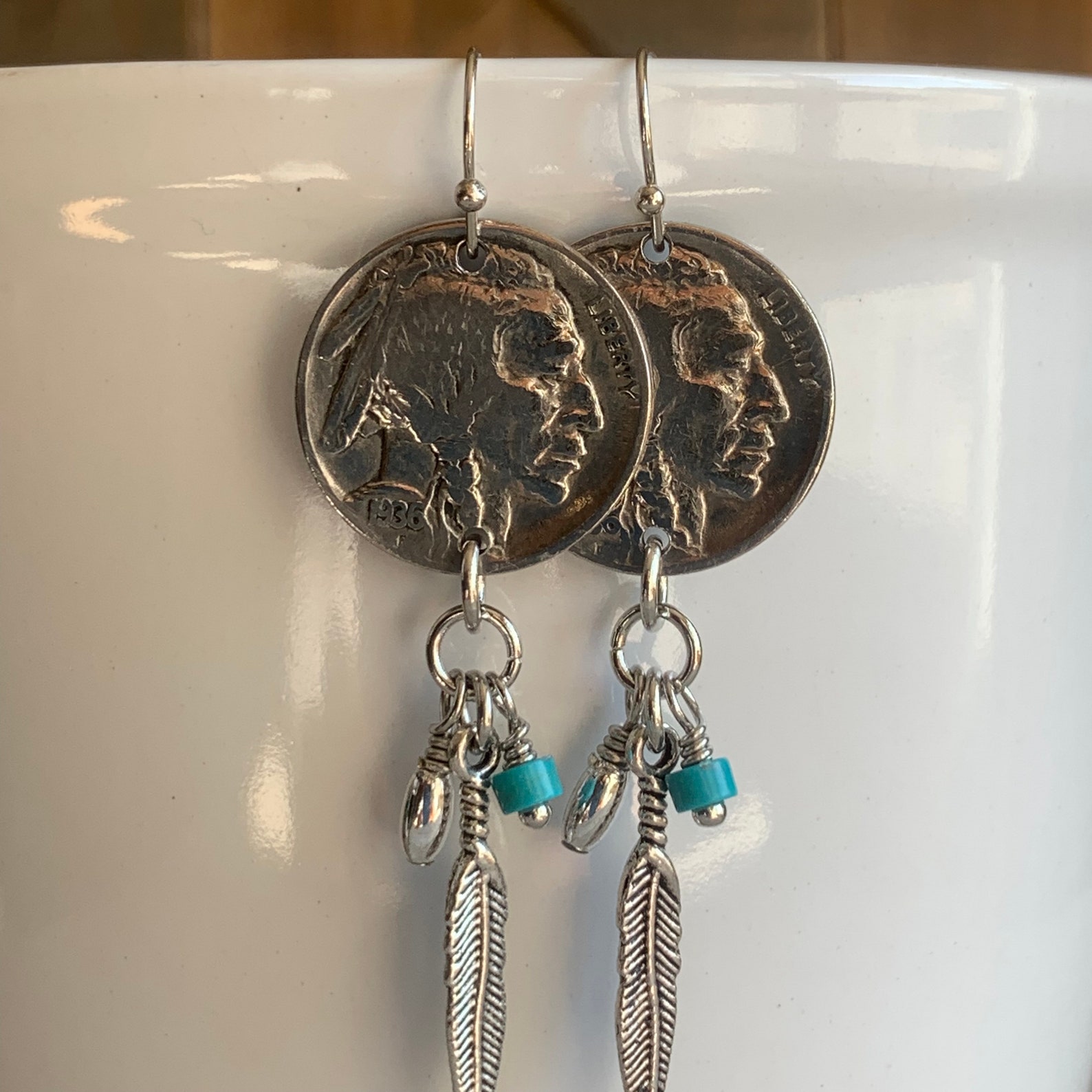 Buffalo Nickel Earrings Statement Coin Earrings Turquoise Etsy