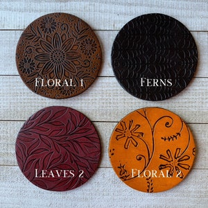 Botanical Leather Coasters, Leaf Floral Patterns, Wedding Gift, Custom Drink Coasters, Housewarming, Mix & Match image 2