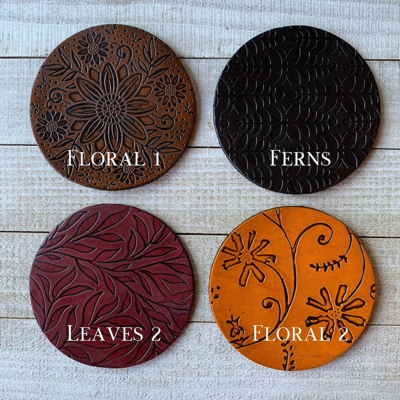 Botanical Leather Coasters, Leaf Floral Patterns, Wedding Gift, Custom Drink Coasters, Housewarming, Mix & Match image 2