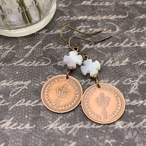 British Half Penny Coin Turquoise Earrings, United Kingdom, Bronze Coin, Natural Stone Beads, Gift for Her