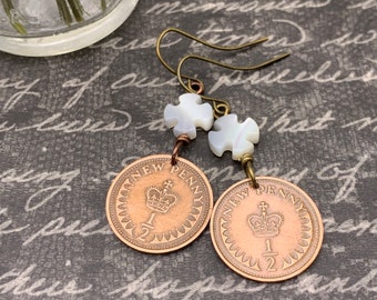 British Half Penny Coin Turquoise Earrings, United Kingdom, Bronze Coin, Natural Stone Beads, Gift for Her