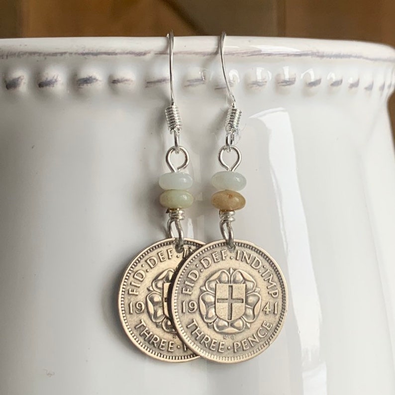 Silver Three Pence Coin Earrings Amazonite Beads British 3 Pence Coin Vintage Jewelry United Kingdom