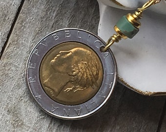 Italian Lira Coin Necklace, Birthday Gift, Italy Souvenir, Gold and Silver Jewelry, Piazza del Quirinale, Rome