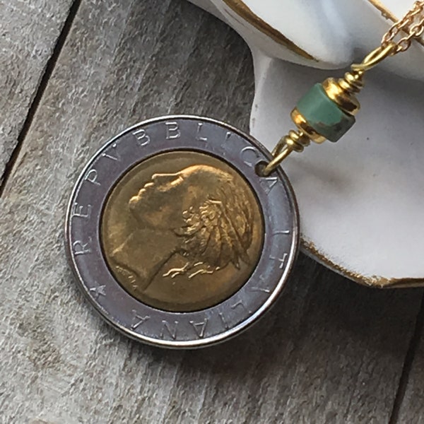 Italian Lira Coin Necklace, Birthday Gift, Italy Souvenir, Gold and Silver Jewelry, Piazza del Quirinale, Rome