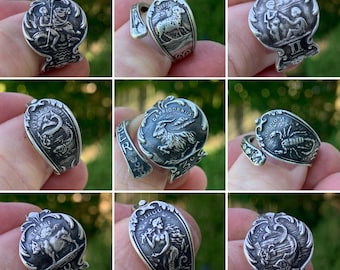 Zodiac Spoon Rings, Sterling Silver, Capricorn, Pisces, Scorpio, Taurus, Gemini, Aries, Virgo, Aquarius