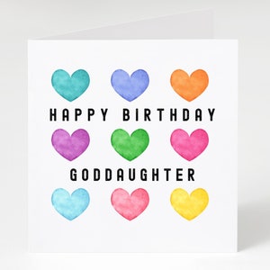 Goddaughter Birthday Card, Happy Birthday Goddaughter Greeting, Watercolour Hearts, Option to Print message inside, Card for Goddaughter