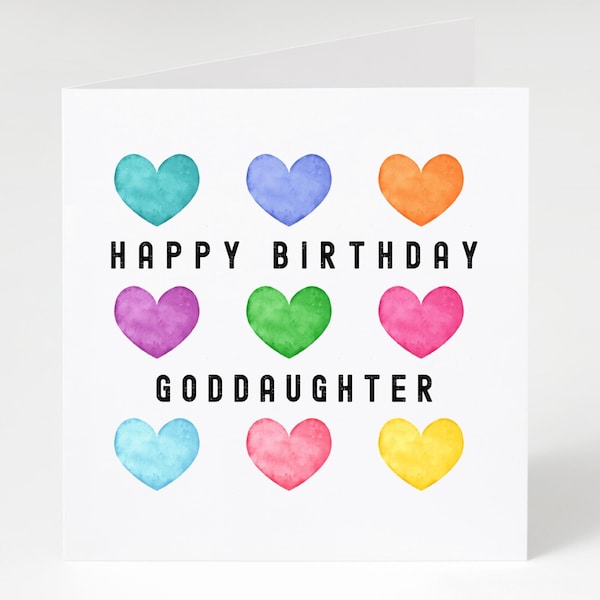 Goddaughter Birthday Card, Happy Birthday Goddaughter Greeting, Watercolour Hearts, Option to Print message inside, Card for Goddaughter