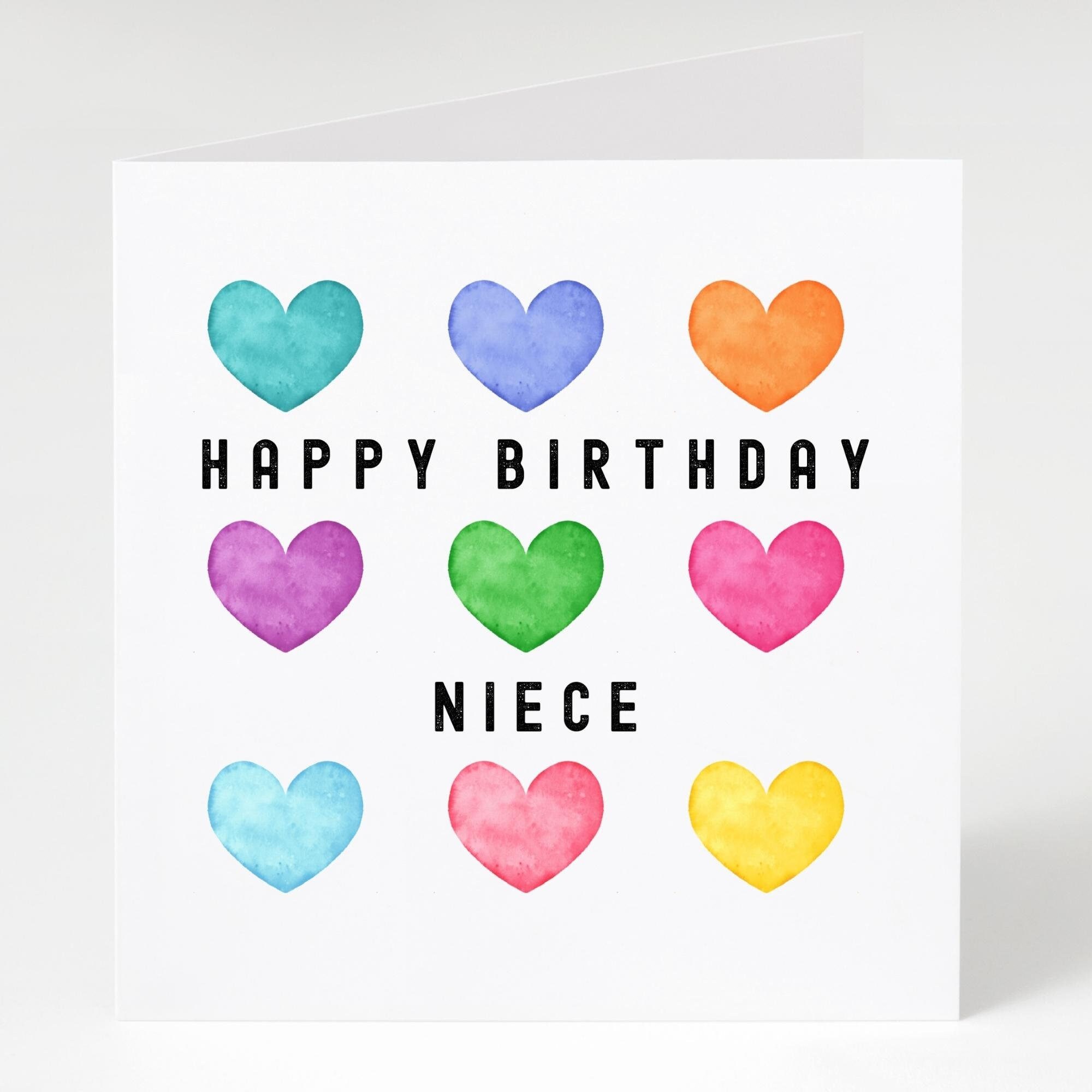 Niece Birthday Card, Happy Birthday Niece Greeting, Watercolour Hearts, Option to Print message inside, Card for Niece