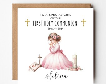 Communion Card for Girl, First Holy Communion Greeting Card, Gift for Communion Celebration 1st Communion Girl Religious Celebration Pink