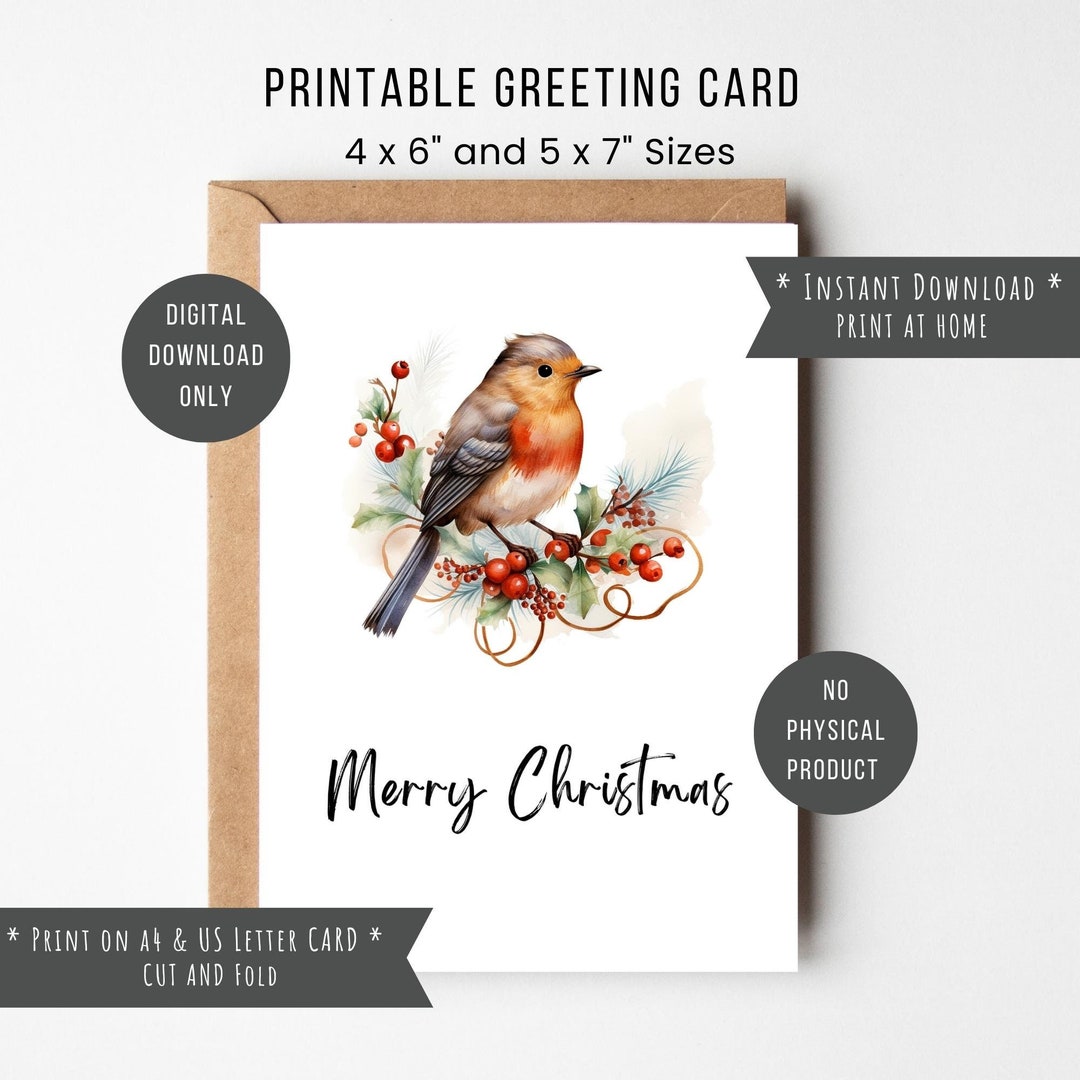 Printable Christmas Card Robin on a Wreath Greeting Card - Etsy