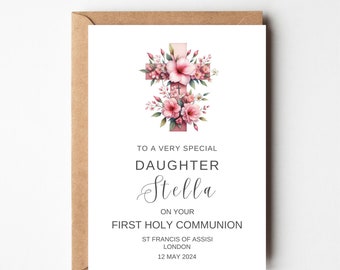 Large A4 Personalised First Holy Communion Card 1st Communion Daughter Granddaughter Goddaughter Niece  Pink Floral Cross