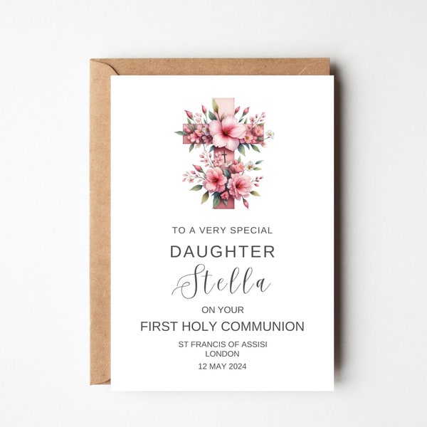 Large A4 Personalised First Holy Communion Card 1st Communion Daughter Granddaughter Goddaughter Niece  Pink Floral Cross