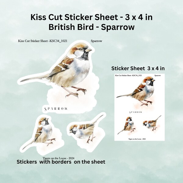 British Bird Stickers Kiss Cut Vinyl Sheet Birdwatching Planners Journals Laptops Notebooks Removable Indoor and Outdoor Use Sparrow