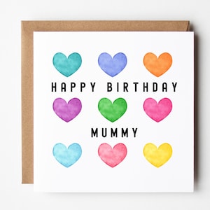 Mummy Birthday Card: Watercolor Hearts in Grid Design
