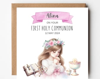 Personalised Communion Card for Girl, First Holy Communion Greeting Card, Gift for Communion Celebration, 1st Communion Girl #001