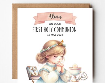 Personalised 1st Holy Communion Card for Girl, First Holy Communion Greeting Card, Gift for Communion Celebration, 1st Communion Girl #002