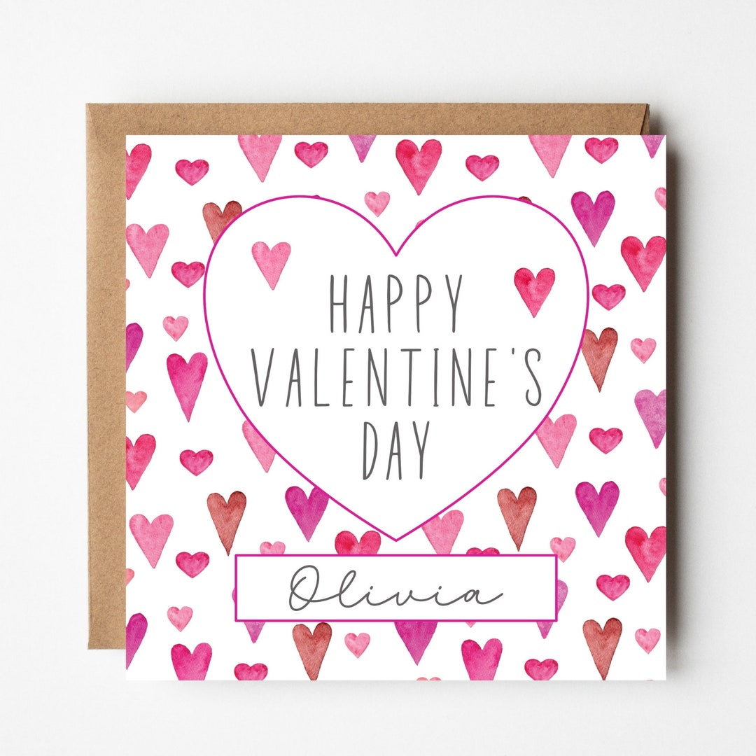 Personalised Happy Valentine's Day Card, Pink Hearts Card for ...