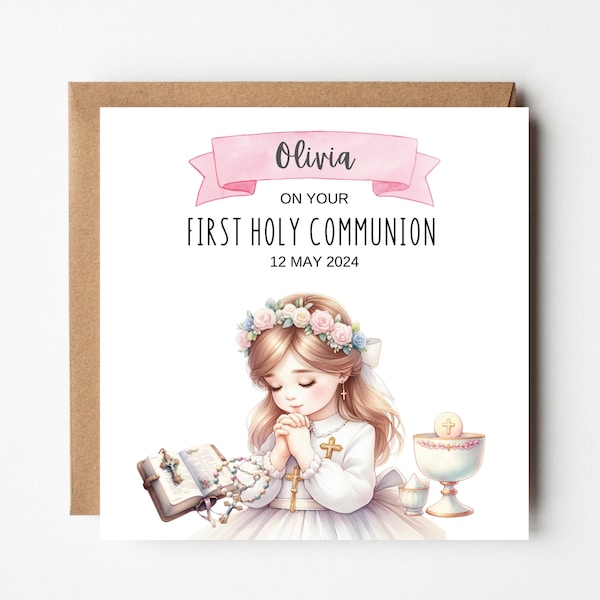 Personalised 1st Holy Communion Card for Girl, First Holy Communion Greeting Card, Gift for Communion Celebration, 1st Communion Girl #003